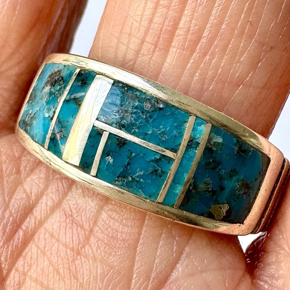 Mens Navajo Wedding Band 12 Ring‎ Turquoise 9mm Inlay Signed Tolino Native Blue